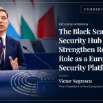 Victor Negrescu speaking at the European Parliament in an Atlas News Corridors of Power exclusive interview on the Black Sea Maritime Security Hub and Romania’s role in European security.