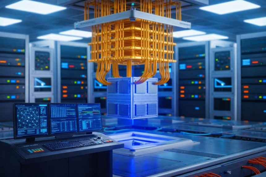 Conceptual press image illustrating the global race for the quantum computer, with visual cues suggesting strategic rivalry among major powers, cybersecurity risks and the future of quantum technology.