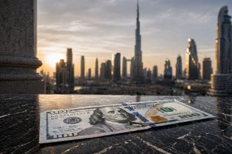 U.S. dollar banknote on black marble with Dubai skyline in the background, symbolizing the renegotiation of the petrodollar order.