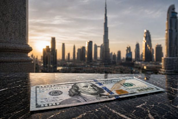 U.S. dollar banknote on black marble with Dubai skyline in the background, symbolizing the renegotiation of the petrodollar order.