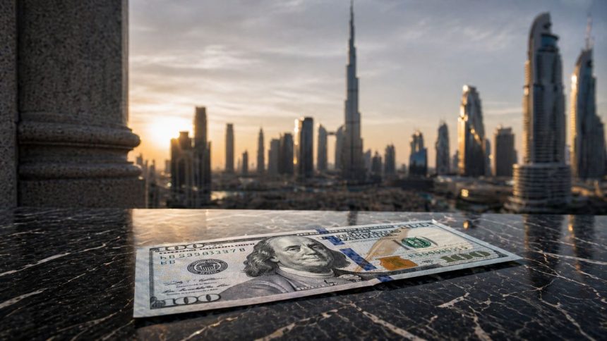 U.S. dollar banknote on black marble with Dubai skyline in the background, symbolizing the renegotiation of the petrodollar order.