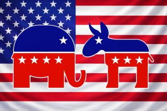 Republican and Democratic Party symbols over the American flag, illustrating the rivalry between the two major U.S. political power systems in an analysis of structural power and institutional change.