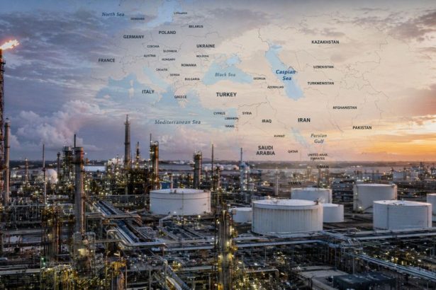 Rafinărie și conducte energetice suprapuse peste harta Europei și a Orientului Mijlociu, simbolizând impactul crizei energetice asupra raporturilor de putere economică globală.