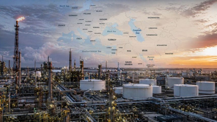 Rafinărie și conducte energetice suprapuse peste harta Europei și a Orientului Mijlociu, simbolizând impactul crizei energetice asupra raporturilor de putere economică globală.