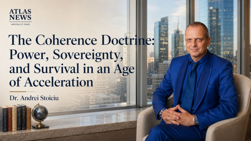 Realistic editorial image for Atlas International analysis titled “The Coherence Doctrine: Power, Sovereignty, and Survival in an Age of Acceleration” by Dr. Andrei Stoiciu, showing a modern office interior with a window overlooking realistic office buildings, suggesting strategic power, institutional resilience, and global acceleration.