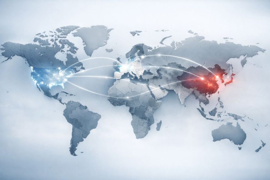 Geopolitical map of Europe between three powers — United States, China, and Russia — strategic direction crisis 2026