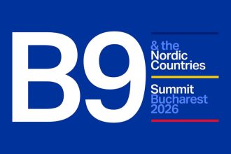Official B9 and Nordic Countries Summit Bucharest 2026 logo on a blue background, featuring the large “B9” mark and the text “& the Nordic Countries Summit Bucharest 2026”