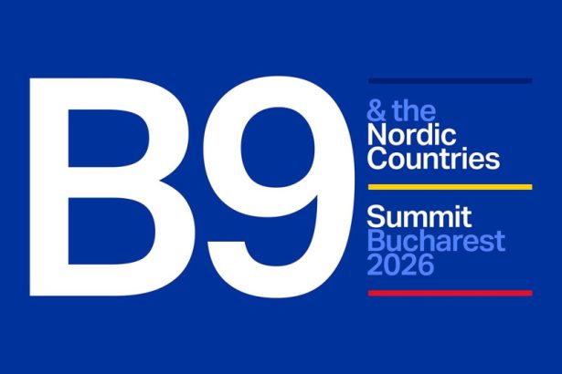 Official B9 and Nordic Countries Summit Bucharest 2026 logo on a blue background, featuring the large “B9” mark and the text “& the Nordic Countries Summit Bucharest 2026”
