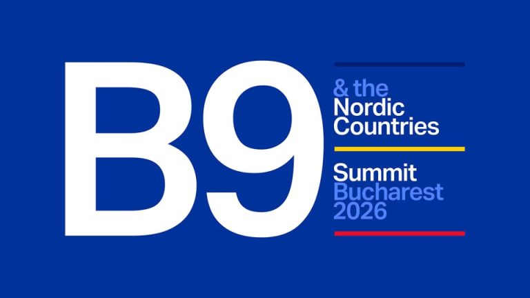 Official B9 and Nordic Countries Summit Bucharest 2026 logo on a blue background, featuring the large “B9” mark and the text “& the Nordic Countries Summit Bucharest 2026”