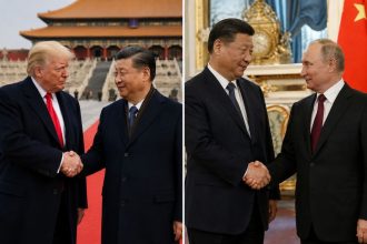 Donald Trump și Xi Jinping la Beijing, alături de Xi Jinping și Vladimir Putin la Kremlin — colaj ilustrativ pentru succesiunea diplomatică Trump–Putin la Beijing și noua geometrie a relațiilor dintre marile puteri