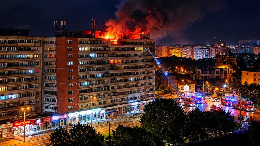 Incendiu la ultimul etaj al unui bloc din Galați după impactul unei drone rusești de tip Geran-2, în timpul intervenției echipajelor de pompieri