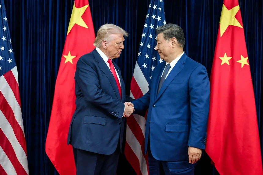 Donald Trump and Xi Jinping at the Beijing Summit, with U.S.-China tensions over Iran, Taiwan, the Strait of Hormuz, rare earths and global technology competition in the background.