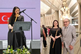 Turkish ney player Sinem Hondoroglu performing in Cairo during a cultural event celebrating Turkish music and Egypt-Türkiye cultural ties.