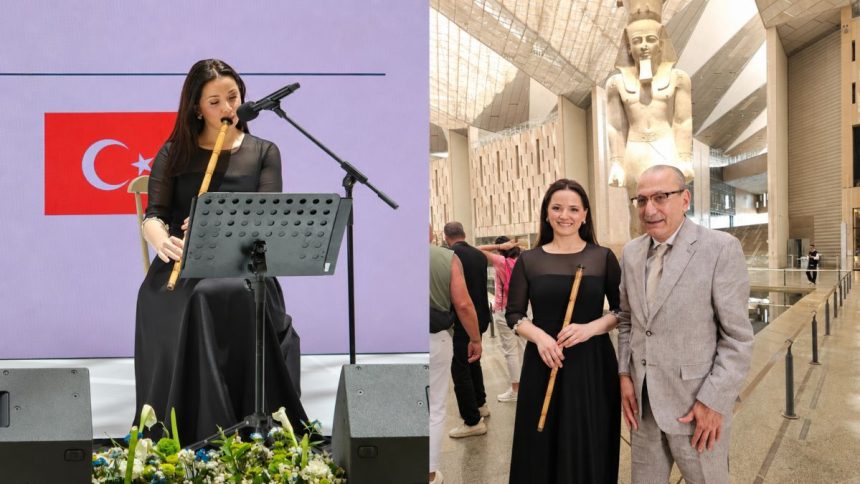 Turkish ney player Sinem Hondoroglu performing in Cairo during a cultural event celebrating Turkish music and Egypt-Türkiye cultural ties.