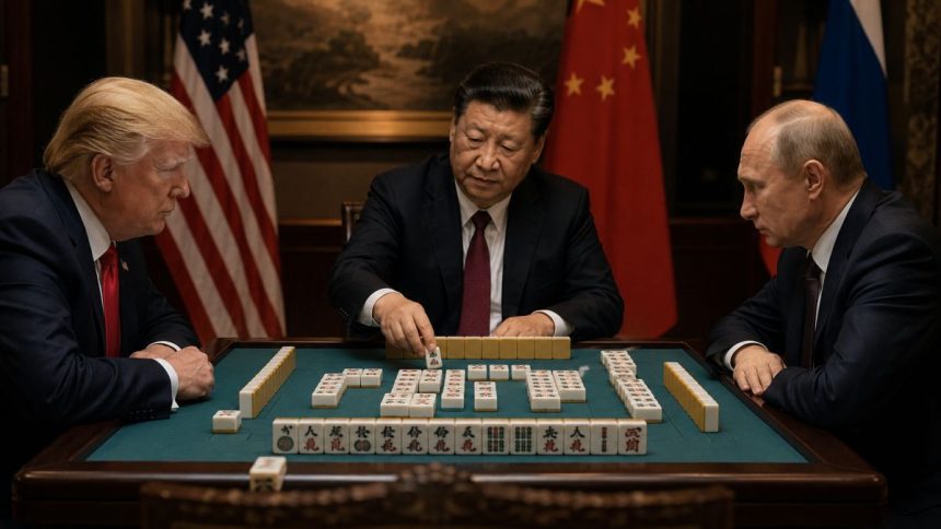 Xi Jinping positioned between Donald Trump and Vladimir Putin in an Atlas News analysis on China’s geopolitical Mahjong and the future of global power.