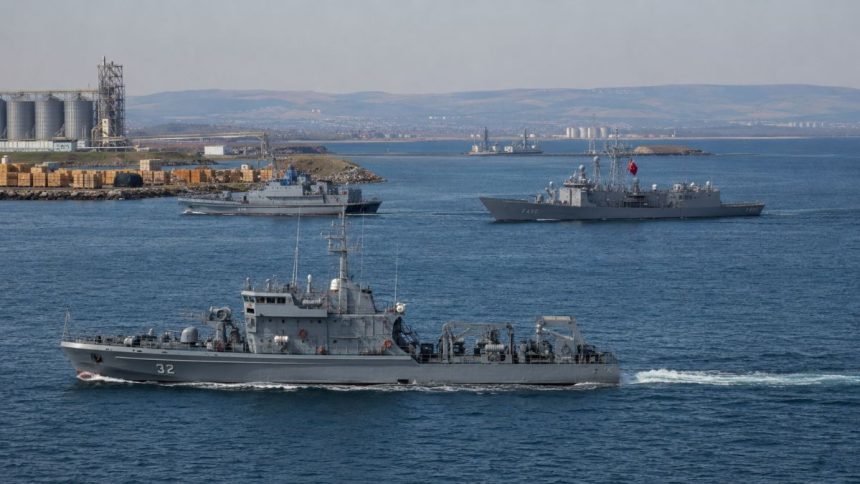 Bulgaria la Marea Neagră nave militare aliate în Marea Neagră, simbol al cooperării dintre Bulgaria, România și Turcia pentru securitate regională NATO.