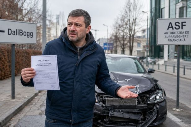 Sigla DallBogg RCA și mașină avariată, ilustrând cazul păgubiților români blocați între ASF și FGA
