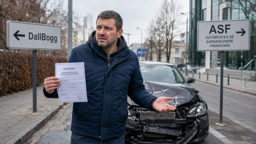 Sigla DallBogg RCA și mașină avariată, ilustrând cazul păgubiților români blocați între ASF și FGA