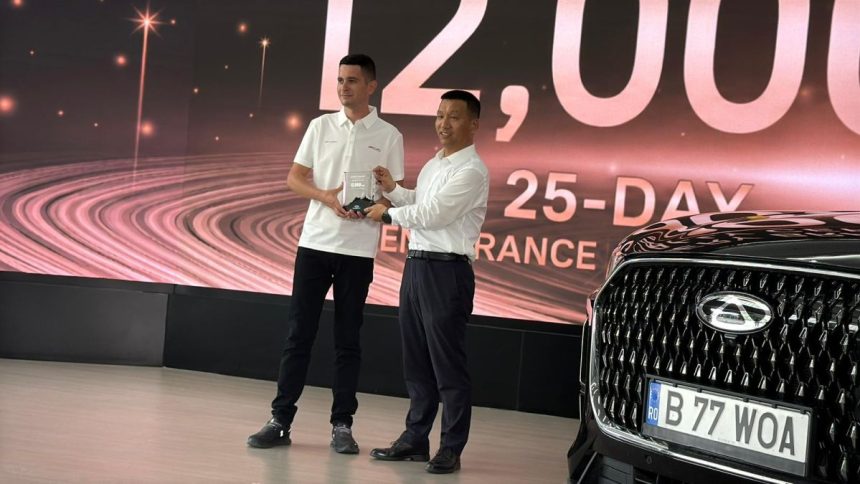 Dragoș Stan, POSA member, behind the wheel of a Chery Tiggo 9 during the Romania to China with Chery expedition, a first for Romania’s automotive industry.