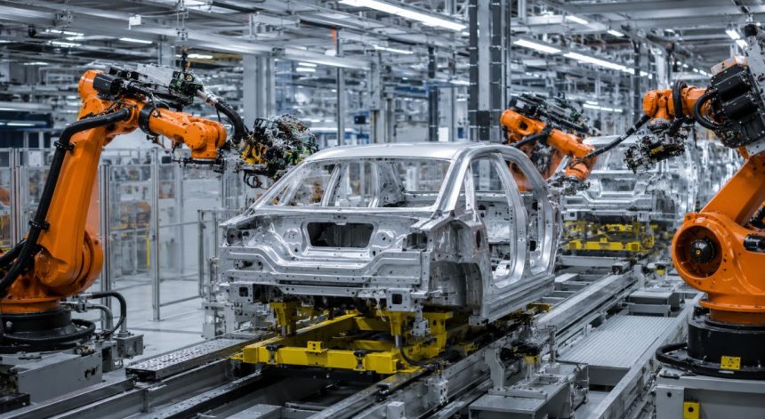 European auto industry in the green transition, with electric vehicles, batteries, charging infrastructure and a map of Europe symbolizing industrial competition with China.