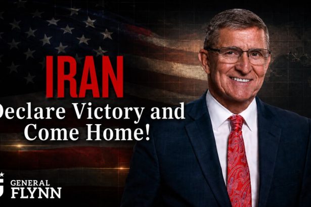 General Michael Flynn graphic on US flag Declare Victory and Come Home