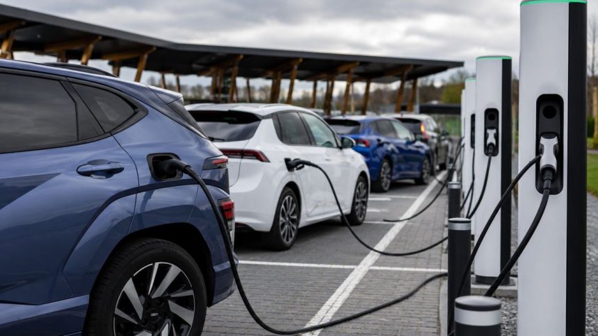 ndustria auto europeană în tranziția verde, cu vehicule electrice, baterii, infrastructură de încărcare și harta Europei în fundal, simbolizând competiția industrială dintre Europa și China.