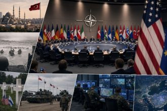 NATO summit and the transatlantic relationship between the United States and Europe, with symbols of Normandy, Ankara, the eastern flank and European security.