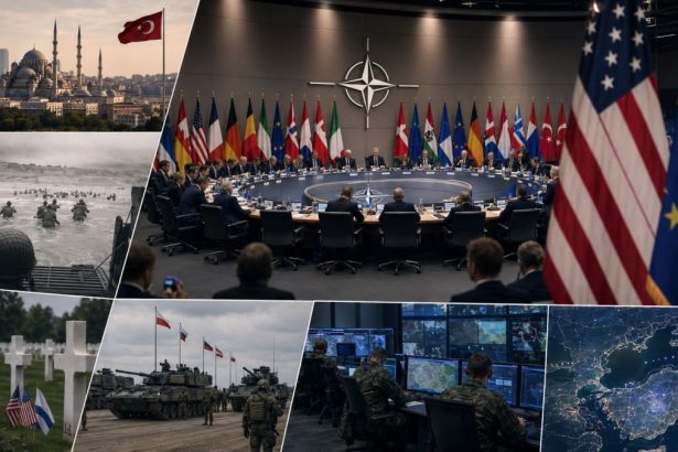 NATO summit and the transatlantic relationship between the United States and Europe, with symbols of Normandy, Ankara, the eastern flank and European security.
