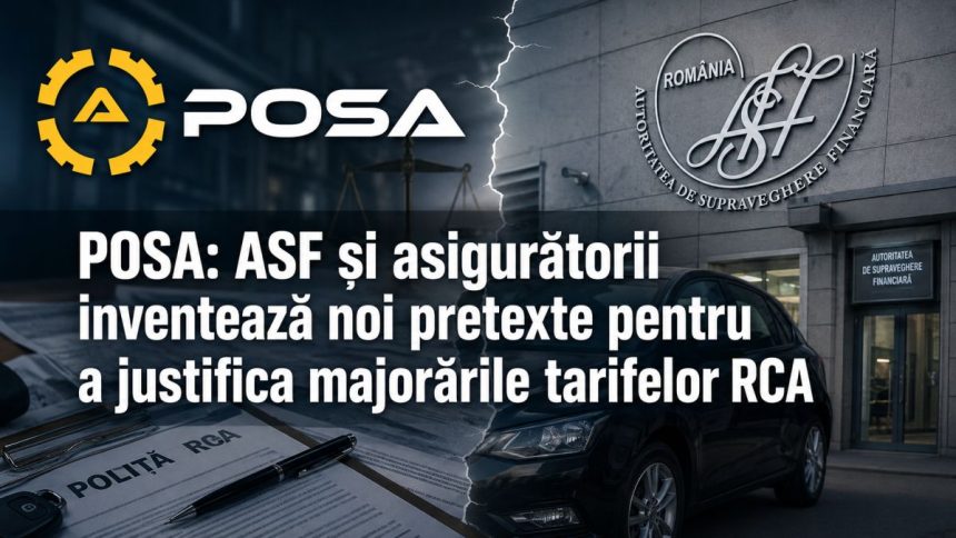 Reprezentare a pieței RCA din România, cu service auto, documente de despăgubire și sigla ASF, pe tema transparenței privind regia proprie.
