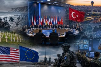 Summit NATO și relația transatlantică dintre Statele Unite și Europa, cu simboluri ale Normandiei, Ankarei, flancului estic și securității europene.