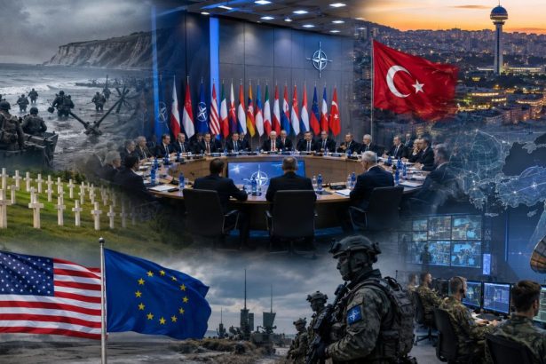 Summit NATO și relația transatlantică dintre Statele Unite și Europa, cu simboluri ale Normandiei, Ankarei, flancului estic și securității europene.