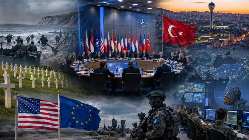 Summit NATO și relația transatlantică dintre Statele Unite și Europa, cu simboluri ale Normandiei, Ankarei, flancului estic și securității europene.