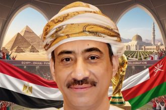 Portrait-style image accompanying a statement by Oman’s ambassador, with Egyptian and Omani flags, the World Cup trophy, and symbolic landmarks of Egypt and Oman.