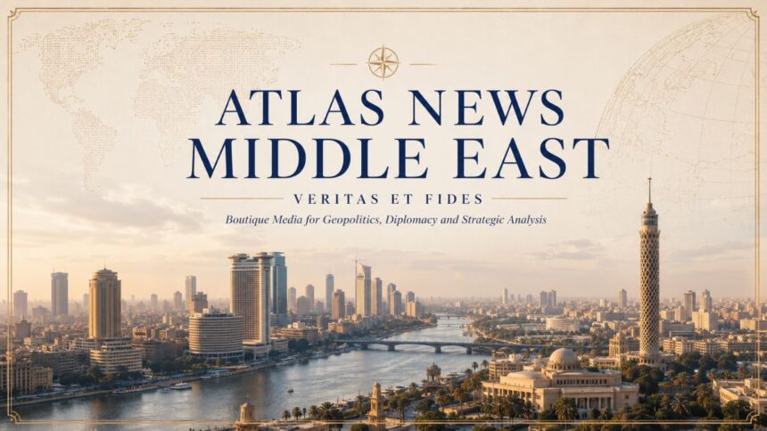 Atlas News Middle East cover for the Cairo bureau, featuring a panoramic view of the Nile, the Egyptian capital's skyline, and the motto Veritas et Fides