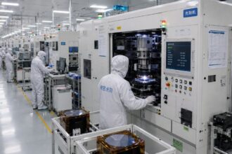 Chinese immersion DUV lithography equipment inside a semiconductor fabrication plant, illustrating China’s drive for technological independence from ASML and Western export controls