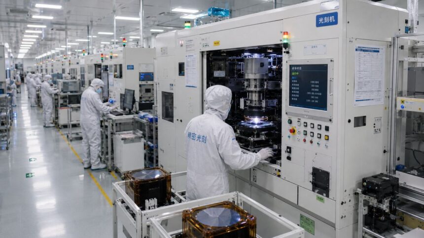 Chinese immersion DUV lithography equipment inside a semiconductor fabrication plant, illustrating China’s drive for technological independence from ASML and Western export controls