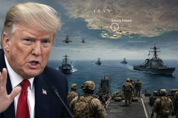 Donald Trump și hartă strategică a Iranului, cu insula Kharg și Strâmtoarea Ormuz evidențiate