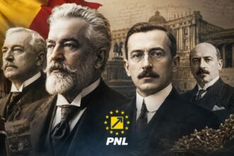 Lideri istorici ai PNL, ilustrați într-un colaj de presă pe fundalul drapelului României și al unei clădiri istorice, cu sigla PNL în prim-plan.
