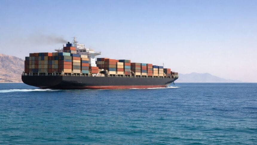 Commercial ship transiting a strategic maritime strait under military surveillance, symbolising the fragmentation of freedom of navigation