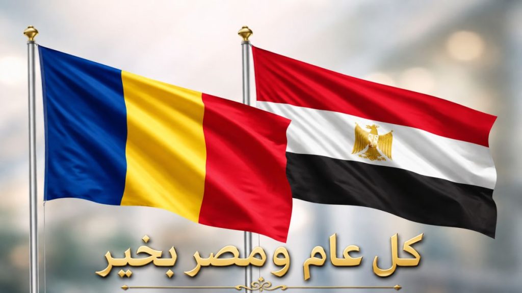 Romanian and Egyptian flags flying side by side, with the Arabic inscription Kul aam wa Misr bikhair — Happy National Day, Egypt — marking 120 years of Romania–Egypt diplomatic relations