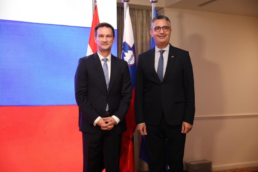 Slovenian Ambassador and Egyptian minister during a diplomatic reception in Cairo marking Slovenia’s Independence Day.