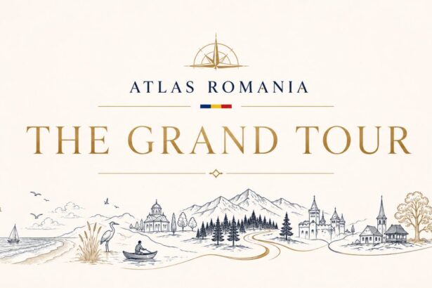 Atlas Romania The Grand Tour — Romanian landscape featuring Carpathian mountains, ancient forests, the Danube Delta and the Black Sea coast, editorial series by Atlas News Romania promoting Romania to international audiences