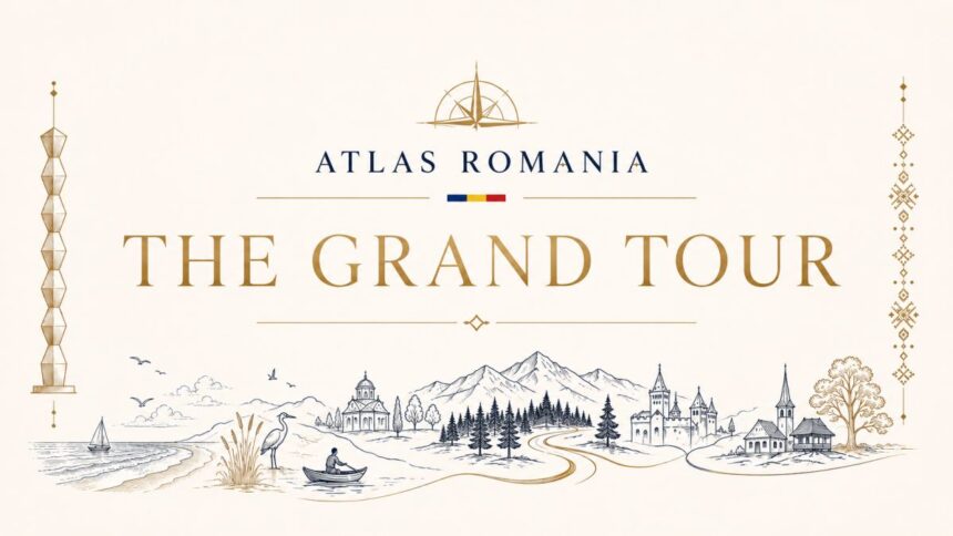 Atlas Romania The Grand Tour — Romanian landscape featuring Carpathian mountains, ancient forests, the Danube Delta and the Black Sea coast, editorial series by Atlas News Romania promoting Romania to international audiences
