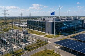 European digital sovereignty and data centre infrastructure with AI systems cloud servers and energy grids symbolising the tension between technological autonomy and high electricity costs