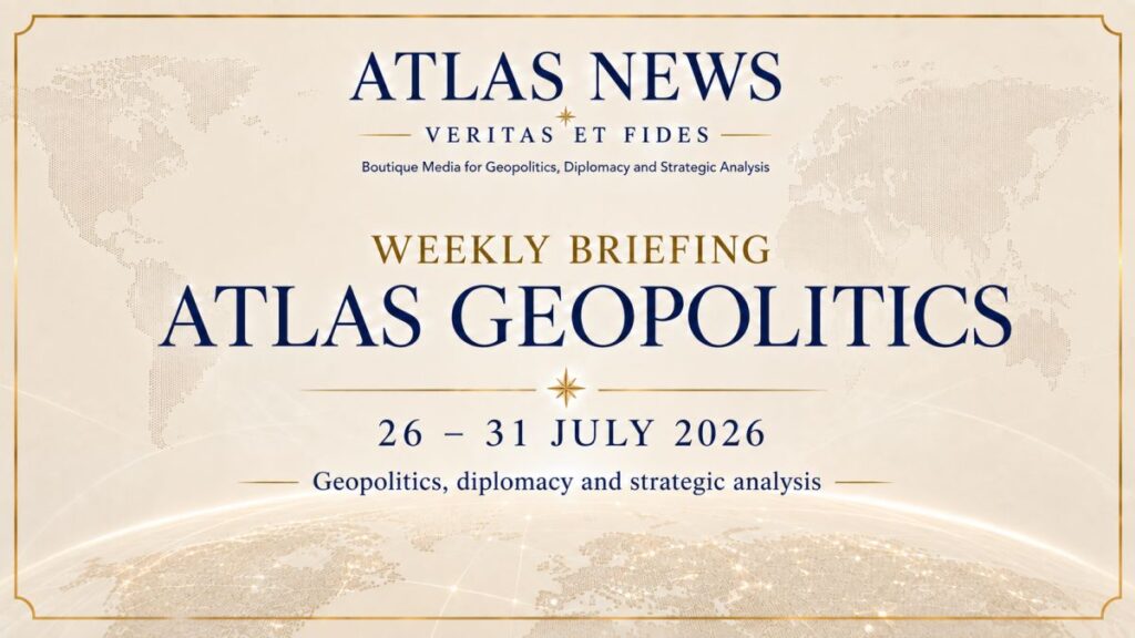 Geopolitical map of the week of 26–31 July 2026 featuring the five key dossiers analysed by Atlas News Romania