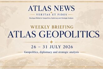 Geopolitical map of the week of 26–31 July 2026 featuring the five key dossiers analysed by Atlas News Romania