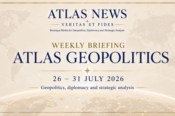 Geopolitical map of the week of 26–31 July 2026 featuring the five key dossiers analysed by Atlas News Romania