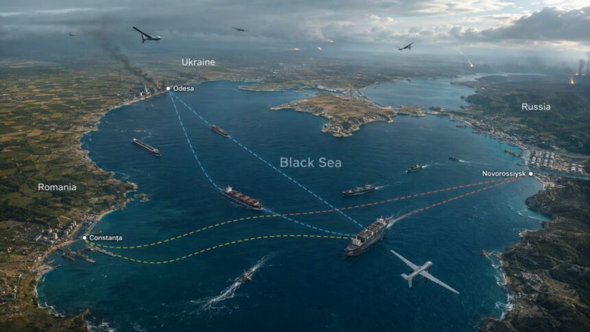 Marea Neagră și rutele maritime dintre Ucraina, Rusia și România, pe fondul intensificării războiului cu drone și al presiunii asupra logisticii comerciale.