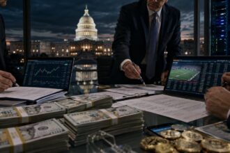 U.S. Capitol at night behind a corporate strategy table covered with cash campaign finance documents cryptocurrency imagery