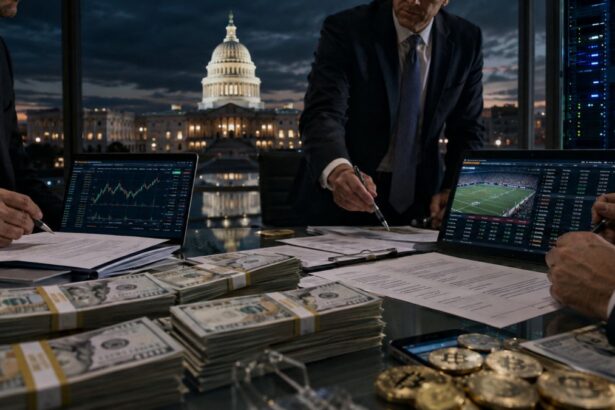U.S. Capitol at night behind a corporate strategy table covered with cash campaign finance documents cryptocurrency imagery